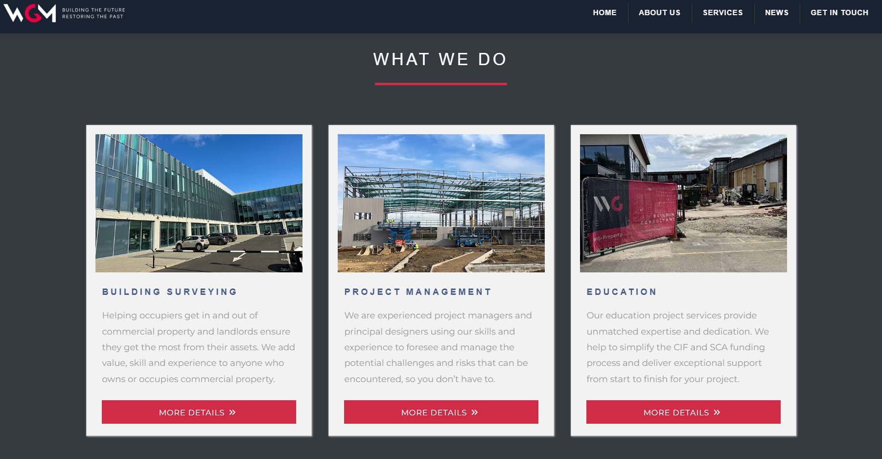 Full desktop view of the WGM Building Consultancy website
