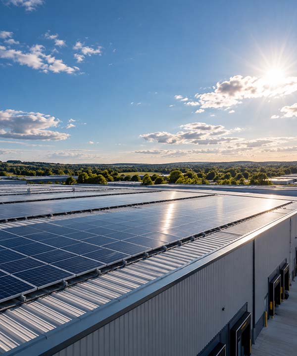 Illustrative rooftop solar panels beneath an open sky, development image