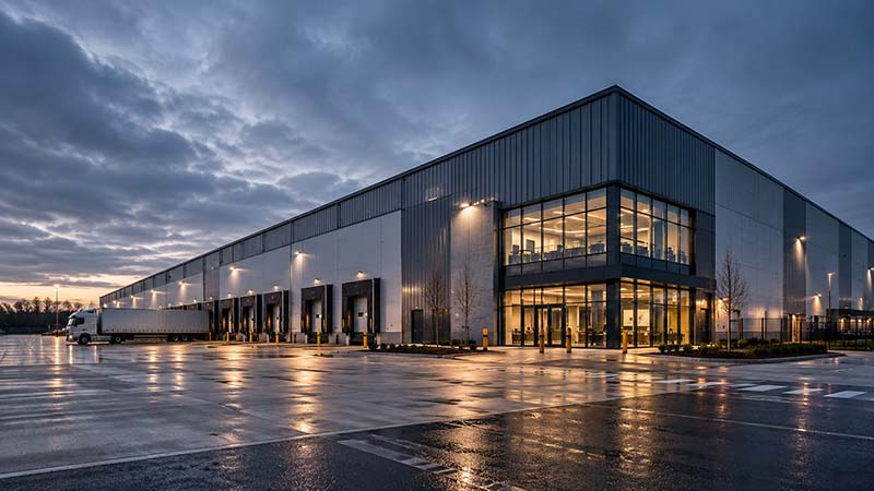 Illustrative warehouse exterior at dusk, demonstration image